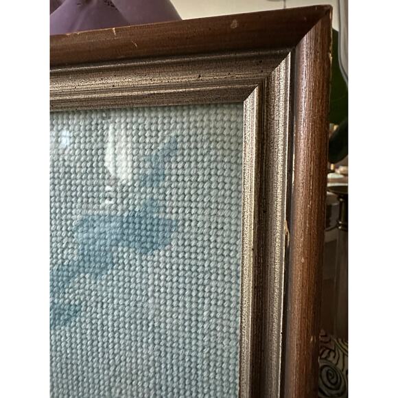 Vintage framed cross-stitch embroidery  of a little mermaid blue brown 16x10.5” - Picture 6 of 9
